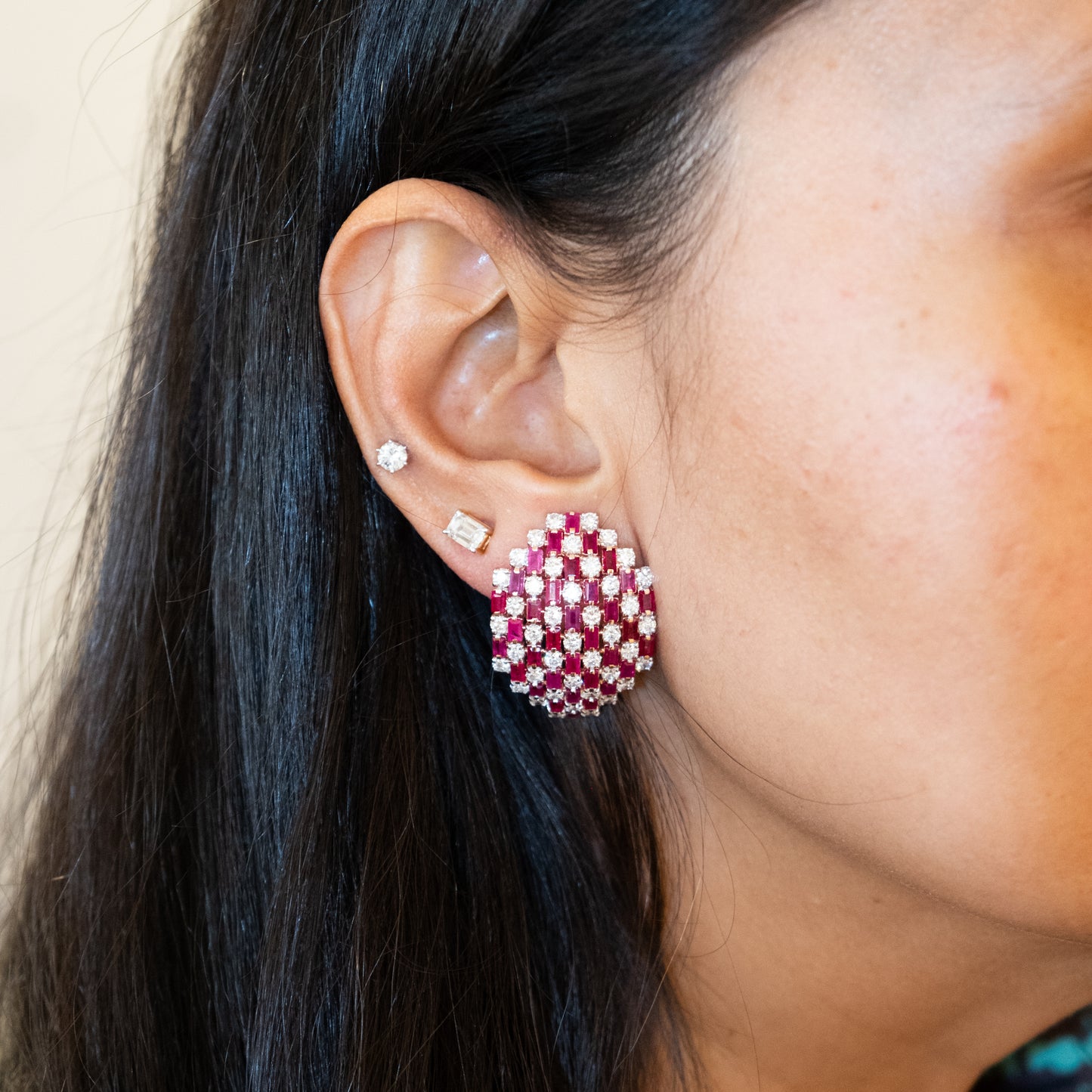 Chequered Ruby and Diamond Huggie Earring