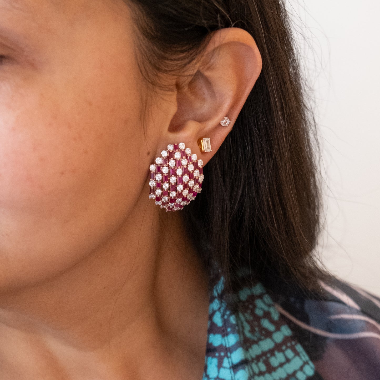 Chequered Ruby and Diamond Huggie Earring
